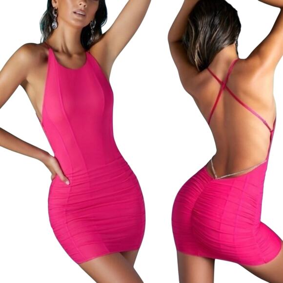 Oh Polly Dress Backless Embellished Straps Ruched Mesh Mini Pink NEW Womens 4 - Picture 1 of 10